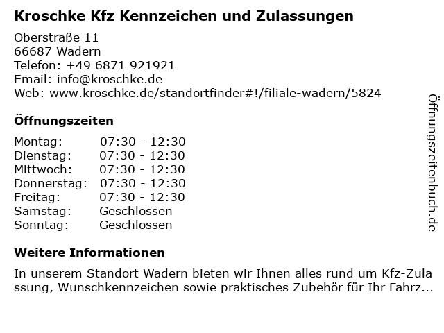 Kfz Zulassungen und Kennzeichen Kroschke in Wadern: Adresse und Öffnungszeiten