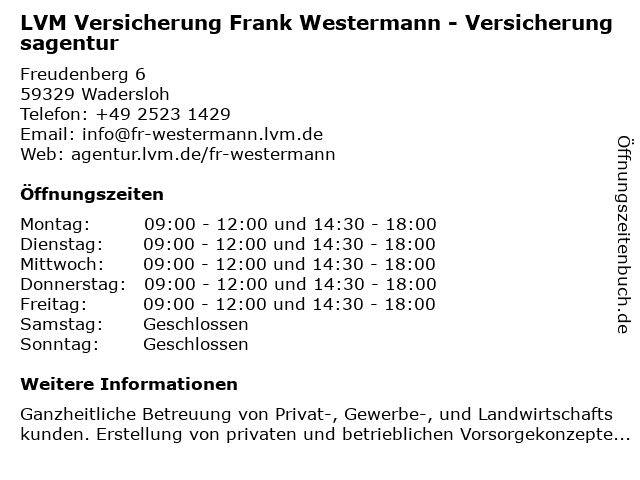 ᐅ Offnungszeiten Lvm Versicherungsagentur Frank Westermann Freudenberg 6 In Wadersloh