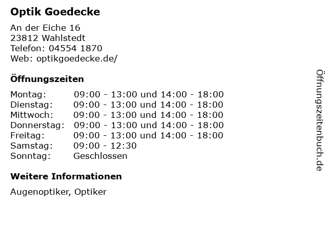 Optik Goedecke in Wahlstedt: Adresse und Öffnungszeiten