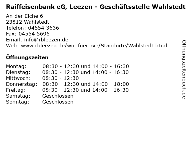 Raiffeisenbank eG, Leezen - Geschäftsstelle Wahlstedt in Wahlstedt: Adresse und Öffnungszeiten