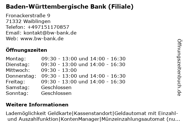 Baden-Württembergische Bank (Filiale) in Waiblingen: Adresse und Öffnungszeiten