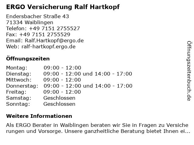 ERGO Versicherung Ralf Hartkopf in Waiblingen: Adresse und Öffnungszeiten