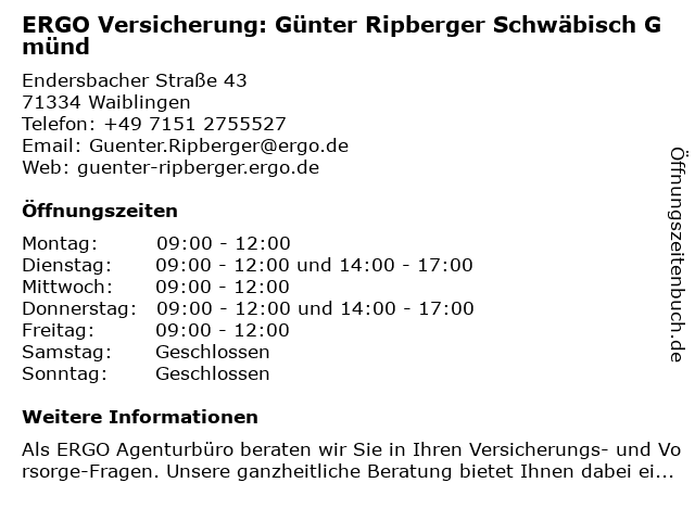 ERGO Versicherung: Günter Ripberger Schwäbisch Gmünd in Waiblingen: Adresse und Öffnungszeiten