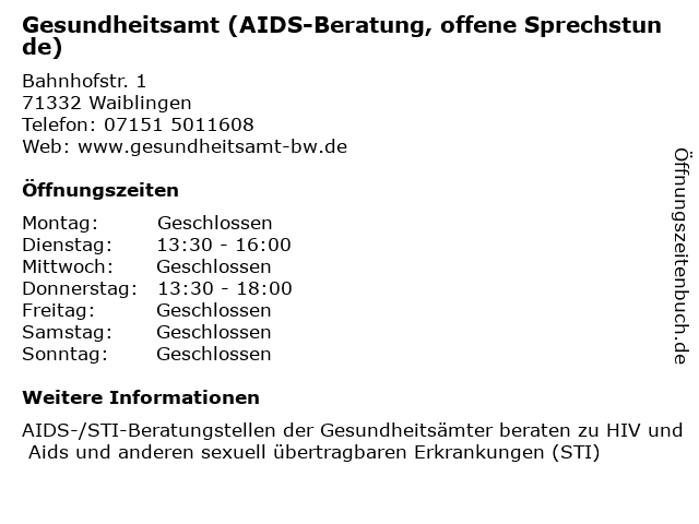 Gesundheitsamt (AIDS-Beratung, offene Sprechstunde) in Waiblingen: Adresse und Öffnungszeiten
