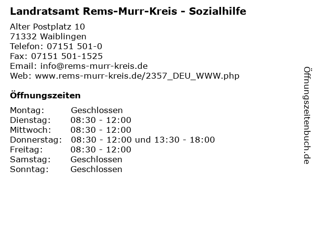 Landratsamt Rems-Murr-Kreis - Sozialhilfe in Waiblingen: Adresse und Öffnungszeiten