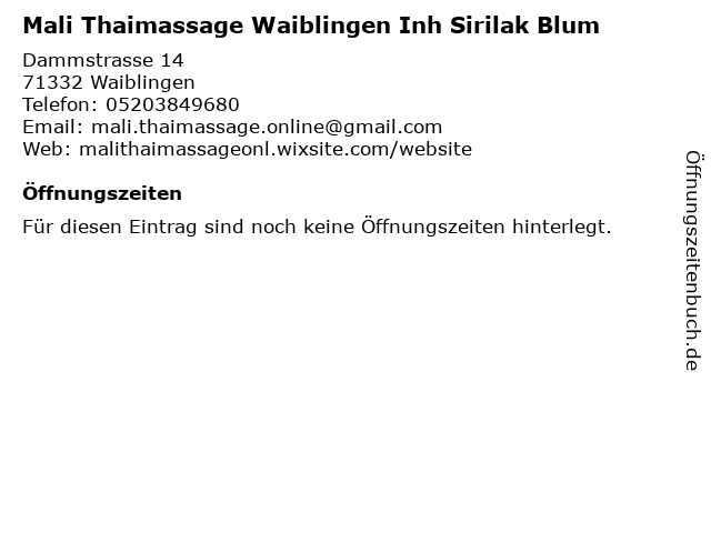 Mali Thaimassage Waiblingen Inh Sirilak Blum in Waiblingen: Adresse und Öffnungszeiten