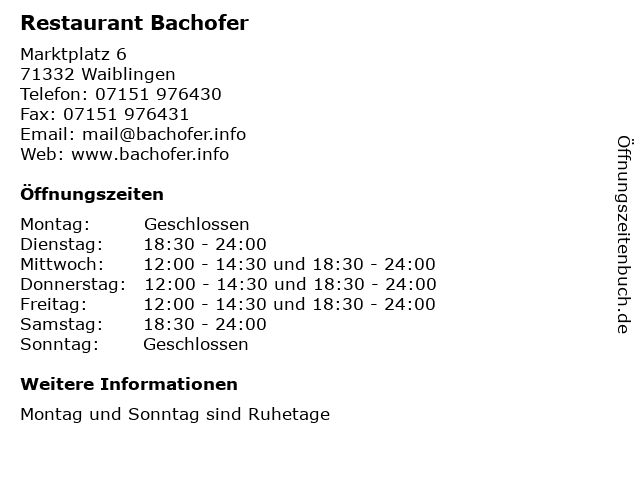 Restaurant Bachofer in Waiblingen: Adresse und Öffnungszeiten
