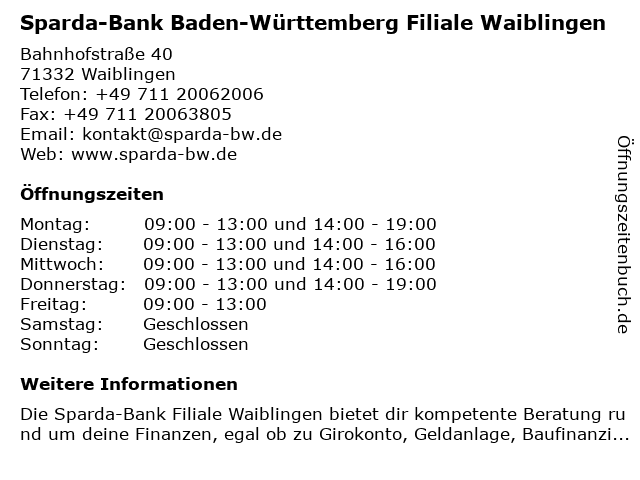 Sparda-Bank Baden-Württemberg Filiale Waiblingen in Waiblingen: Adresse und Öffnungszeiten