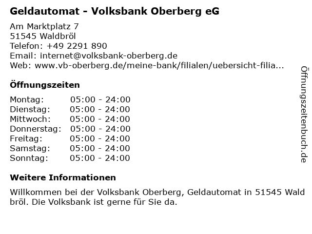 ᐅ Offnungszeiten Raiffeisenbank Waldbrol Zwnl Der Volksbank Oberberg Eg Geldautomat Am Marktplatz 7 In Waldbrol