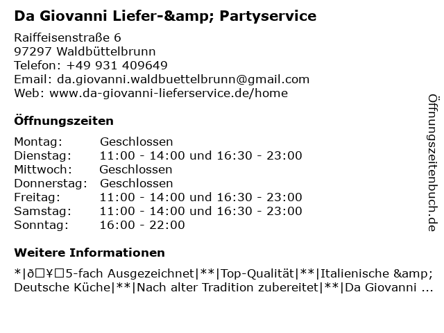 ᐅ Öffnungszeiten „Da Giovanni“ | Frankfurter Str. 39 in Waldbüttelbrunn