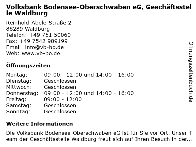 VR Bank Ravensburg-Weingarten eG, Geschäftsstelle Waldburg in Waldburg: Adresse und Öffnungszeiten
