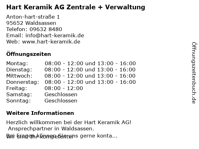 Hart Keramik AG Zentrale + Verwaltung in Waldsassen: Adresse und Öffnungszeiten