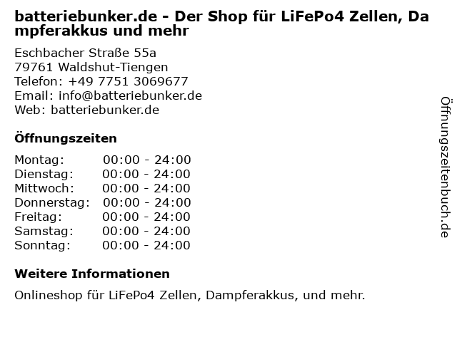 batteriebunker.de - Der Shop für LiFePo4 Zellen, Dampferakkus und mehr in Waldshut-Tiengen: Adresse und Öffnungszeiten