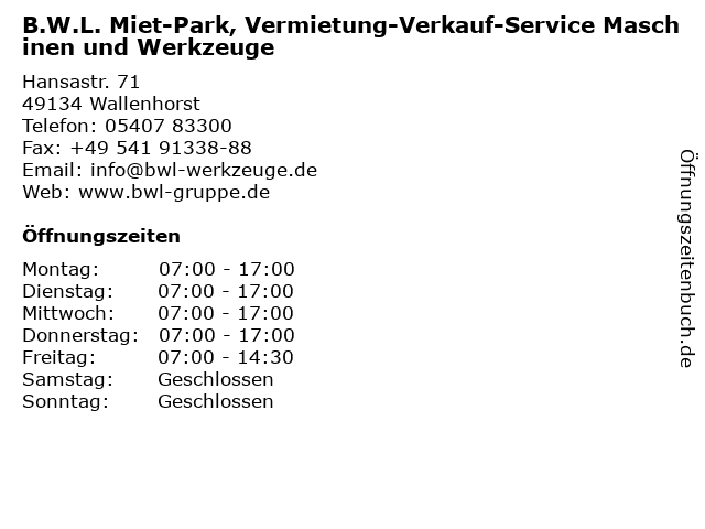 B.W.L. Miet-Park, Vermietung-Verkauf-Service Maschinen und Werkzeuge in Wallenhorst: Adresse und Öffnungszeiten
