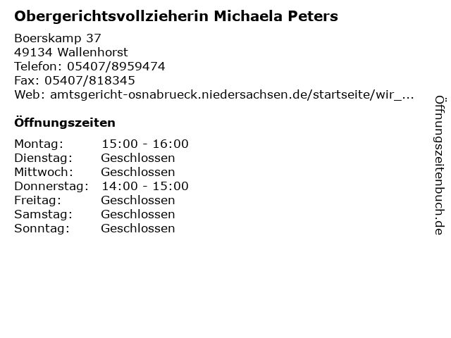 Obergerichtsvollzieherin Michaela Peters in Wallenhorst: Adresse und Öffnungszeiten