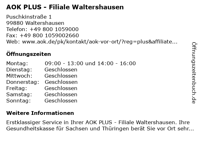 AOK PLUS - Filiale Waltershausen in Waltershausen: Adresse und Öffnungszeiten