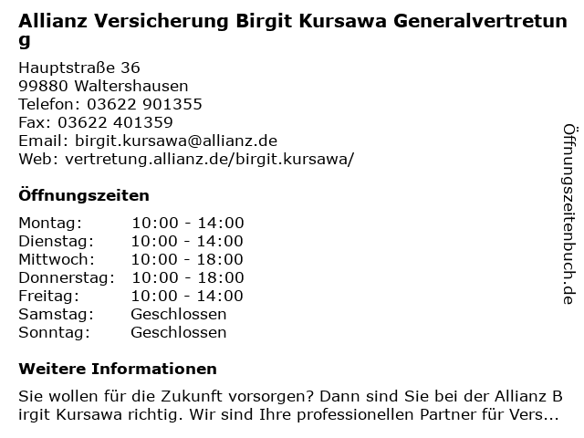 Allianz Versicherung Birgit Kursawa Generalvertretung in Waltershausen: Adresse und Öffnungszeiten
