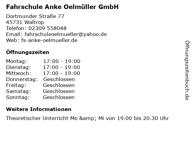 Fahrschule Anke Oelmüller GmbH in Waltrop: Adresse und Öffnungszeiten