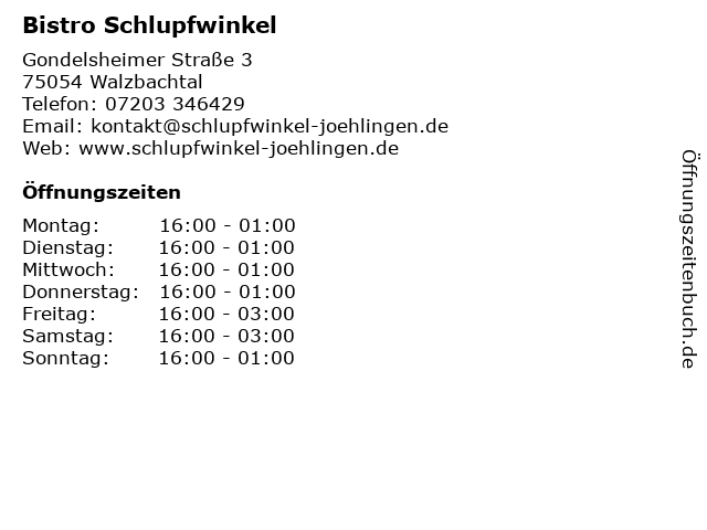 Bistro Schlupfwinkel in Walzbachtal: Adresse und Öffnungszeiten