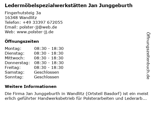Ledermöbelspezialwerkstätten Jan Junggeburth in Wandlitz: Adresse und Öffnungszeiten
