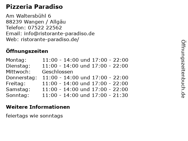 Pizzeria Paradiso in Wangen / Allgäu: Adresse und Öffnungszeiten