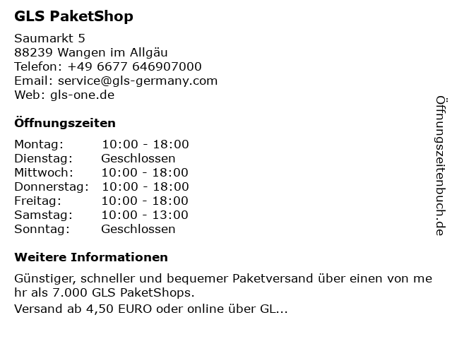 GLS PaketShop in Wangen im Allgäu: Adresse und Öffnungszeiten