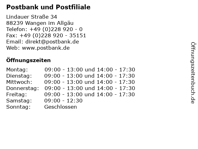 Postbank und Postfiliale in Wangen im Allgäu: Adresse und Öffnungszeiten