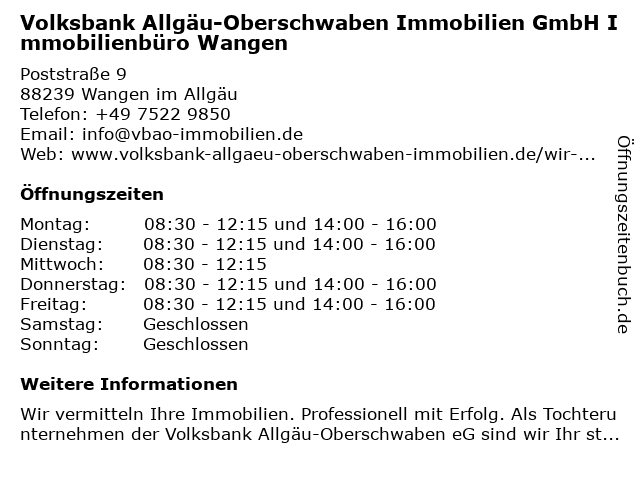Volksbank Allgäu-Oberschwaben Immobilien GmbH Immobilienbüro Wangen in Wangen im Allgäu: Adresse und Öffnungszeiten