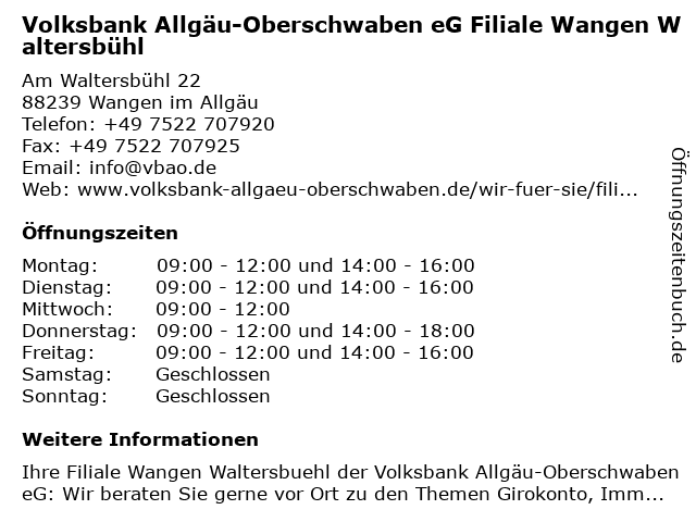 Volksbank Allgäu-Oberschwaben eG Filiale Wangen Waltersbühl in Wangen im Allgäu: Adresse und Öffnungszeiten