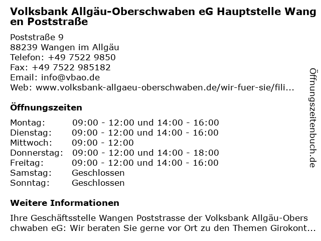 Volksbank Allgäu-Oberschwaben eG Hauptstelle Wangen Poststraße in Wangen im Allgäu: Adresse und Öffnungszeiten