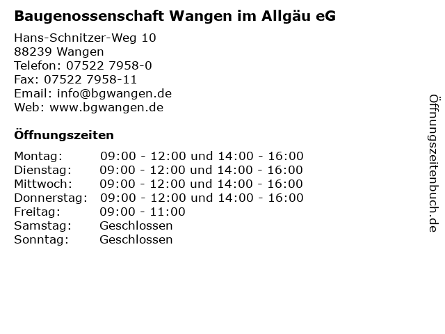 Baugenossenschaft Wangen im Allgäu eG in Wangen: Adresse und Öffnungszeiten
