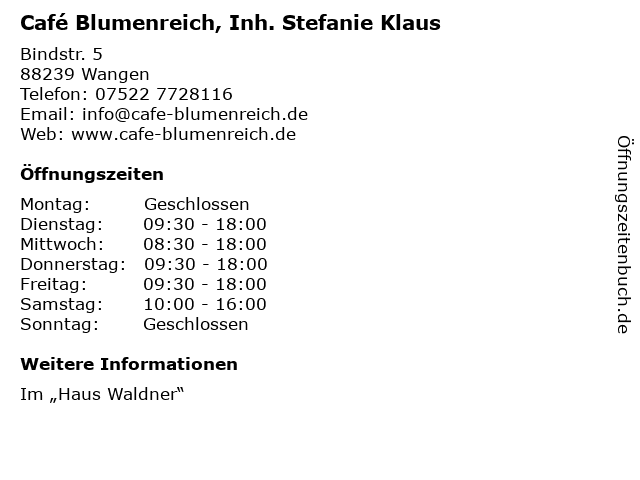 Café Blumenreich, Inh. Stefanie Klaus in Wangen: Adresse und Öffnungszeiten