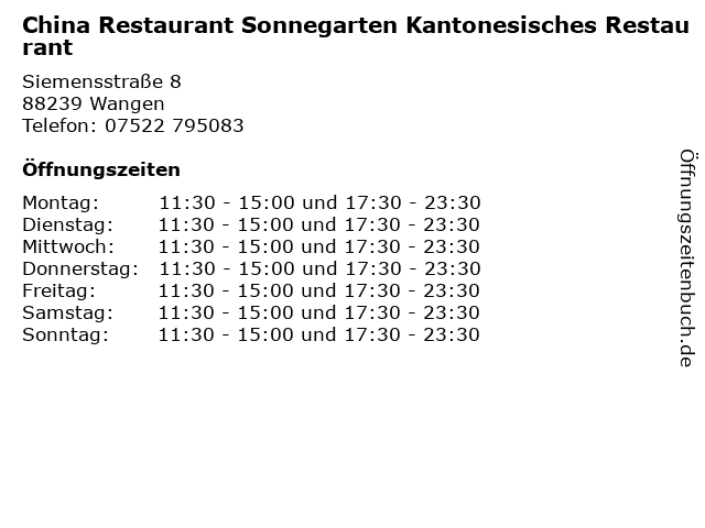 China Restaurant Sonnegarten Kantonesisches Restaurant in Wangen: Adresse und Öffnungszeiten