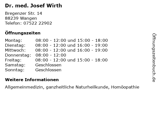Dr. med. Josef Wirth in Wangen: Adresse und Öffnungszeiten