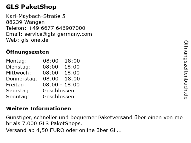 GLS PaketShop in Wangen: Adresse und Öffnungszeiten