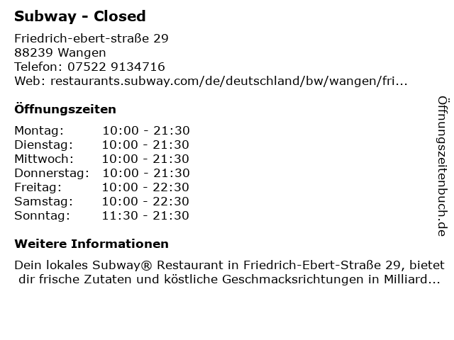 Subway - Closed in Wangen: Adresse und Öffnungszeiten