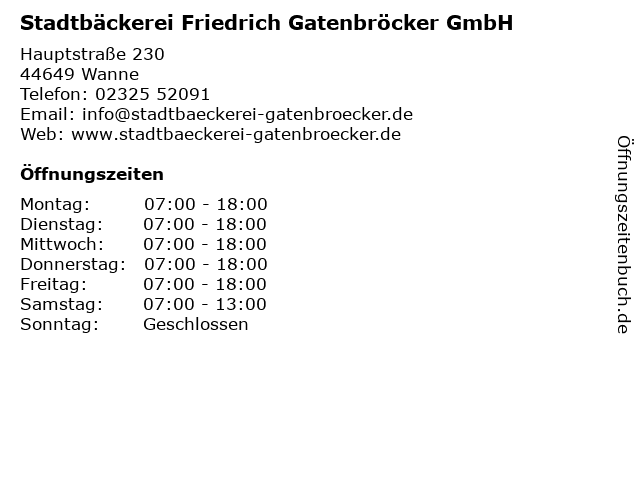 Stadtbäckerei Friedrich Gatenbröcker GmbH in Wanne: Adresse und Öffnungszeiten