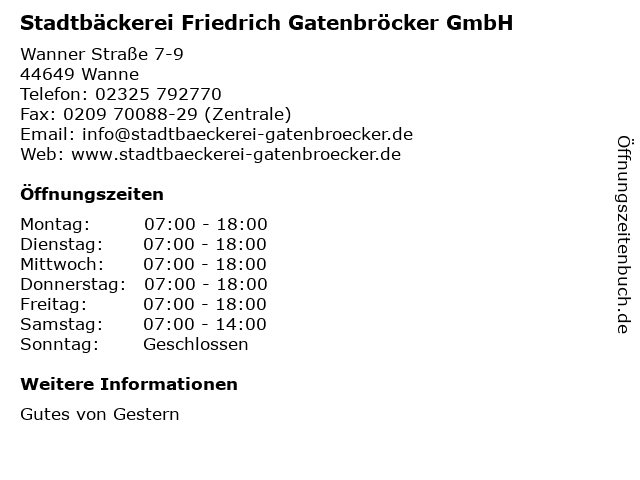 Stadtbäckerei Friedrich Gatenbröcker GmbH in Wanne: Adresse und Öffnungszeiten