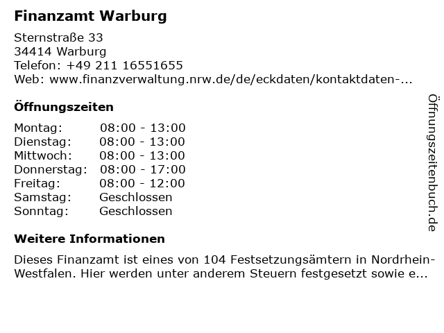 ᐅ Offnungszeiten Finanzamt Warburg Sprechzeiten Burgerburo Sternstr 33 In Warburg