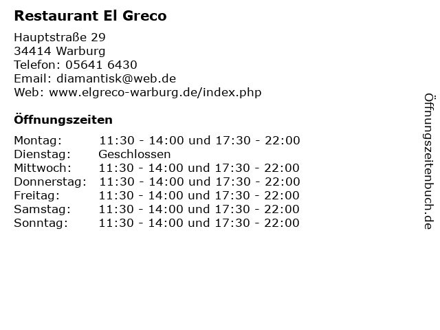 Restaurant El Greco in Warburg: Adresse und Öffnungszeiten