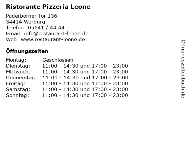 Ristorante Pizzeria Leone in Warburg: Adresse und Öffnungszeiten