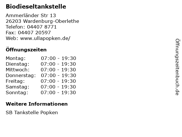 Biodieseltankstelle in Wardenburg-Oberlethe: Adresse und Öffnungszeiten