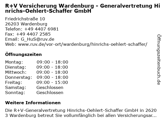 R+V Versicherung Wardenburg - Generalvertretung Hinrichs-Oehlert-Schaffer GmbH in Wardenburg: Adresse und Öffnungszeiten