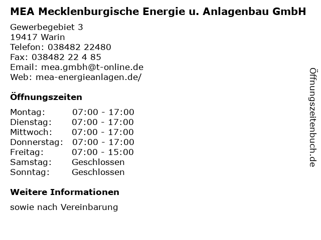 MEA Mecklenburgische Energie u. Anlagenbau GmbH in Warin: Adresse und Öffnungszeiten