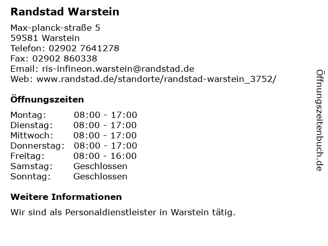 ᐅ Offnungszeiten Randstad Inhouse Services Warstein Max Planck Strasse 5 In Warstein