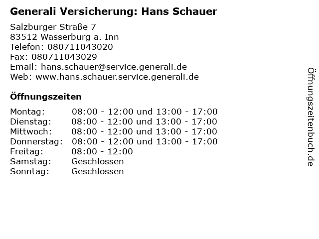 Generali Versicherung: Hans Schauer in Wasserburg a. Inn: Adresse und Öffnungszeiten