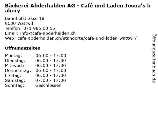 Bäckerei Abderhalden AG - Café und Laden Josua’s bakery in Wattwil: Adresse und Öffnungszeiten