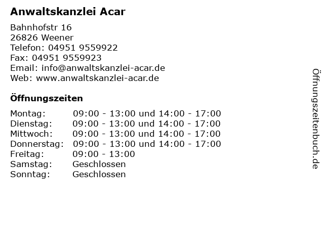 Anwaltskanzlei Acar in Weener: Adresse und Öffnungszeiten