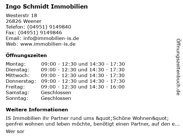 Ingo Schmidt Immobilien in Weener: Adresse und Öffnungszeiten