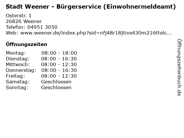 Stadt Weener - Bürgerservice (Einwohnermeldeamt) in Weener: Adresse und Öffnungszeiten